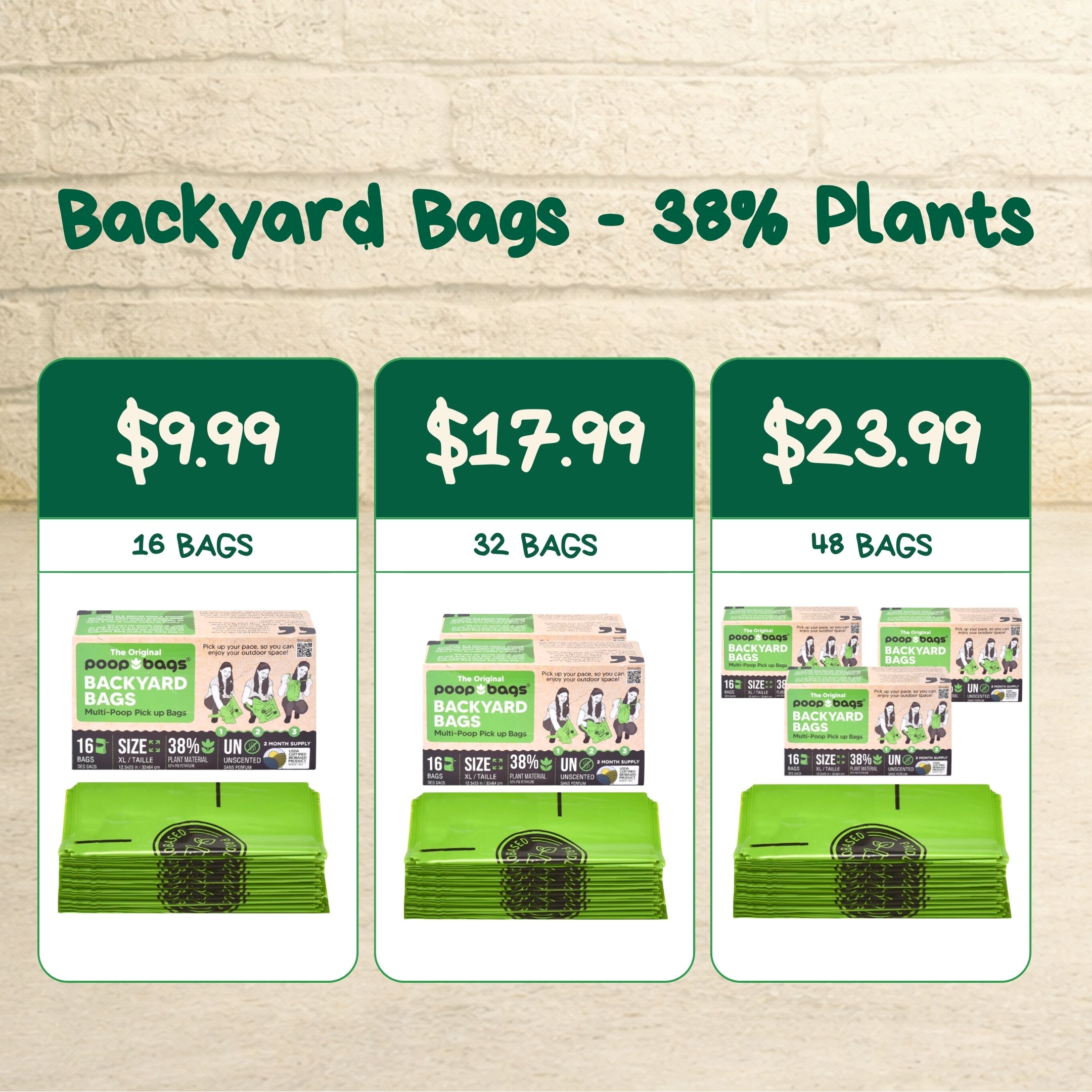 Pricing chart for The Original Poop Bags backyard bags in 38 percent plant-based green showing 16, 32, and 48 bag bundle options.