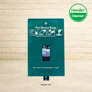 Poop bags dog station kit dispenser in teal with instructional icons and sustainable living messaging for disposing pet waste outdoors.