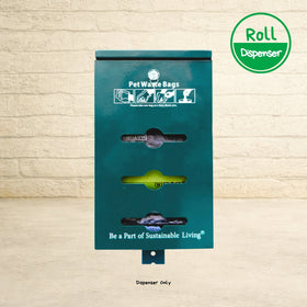 Dog poop bag dispenser roll with teal housing and multiple colored bag rolls for pet waste cleanup and sustainable living.