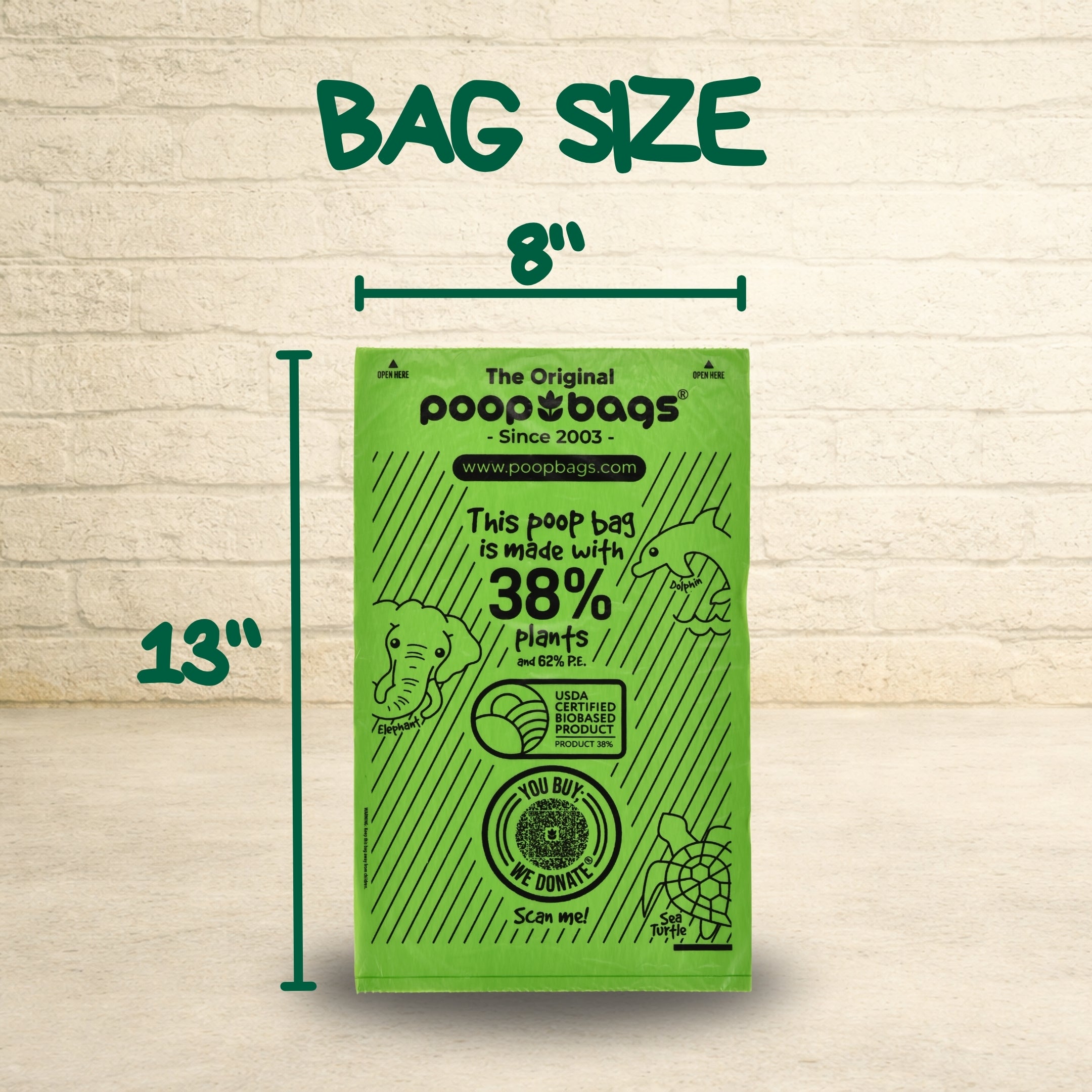 The Original Poop Bags green plant-based bag measuring 8 by 13 inches with USDA biobased certification and animal illustrations.