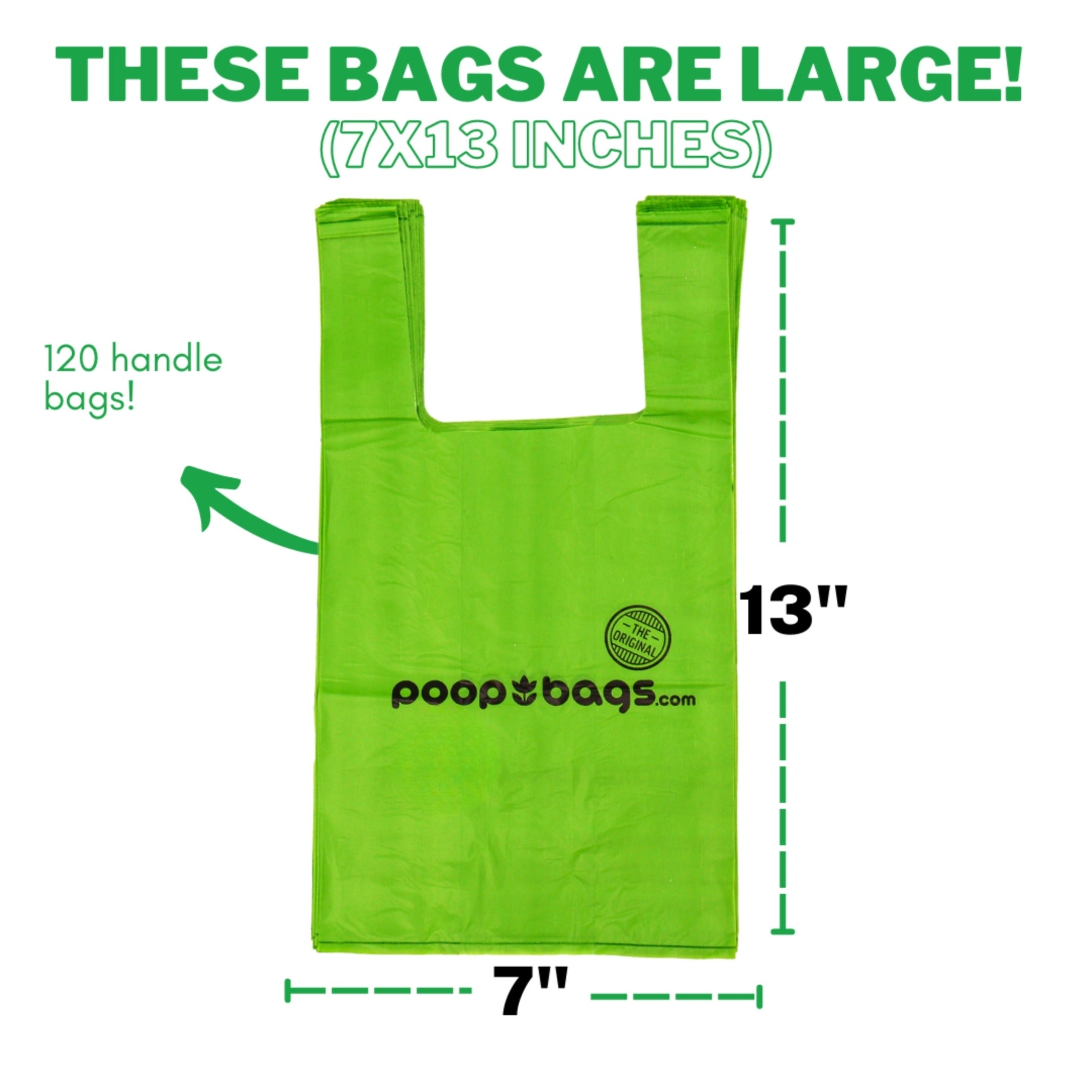 Size diagram of a green 7 by 13 inch large dog poop bag with handles from The Original Poop Bags, 120 count.