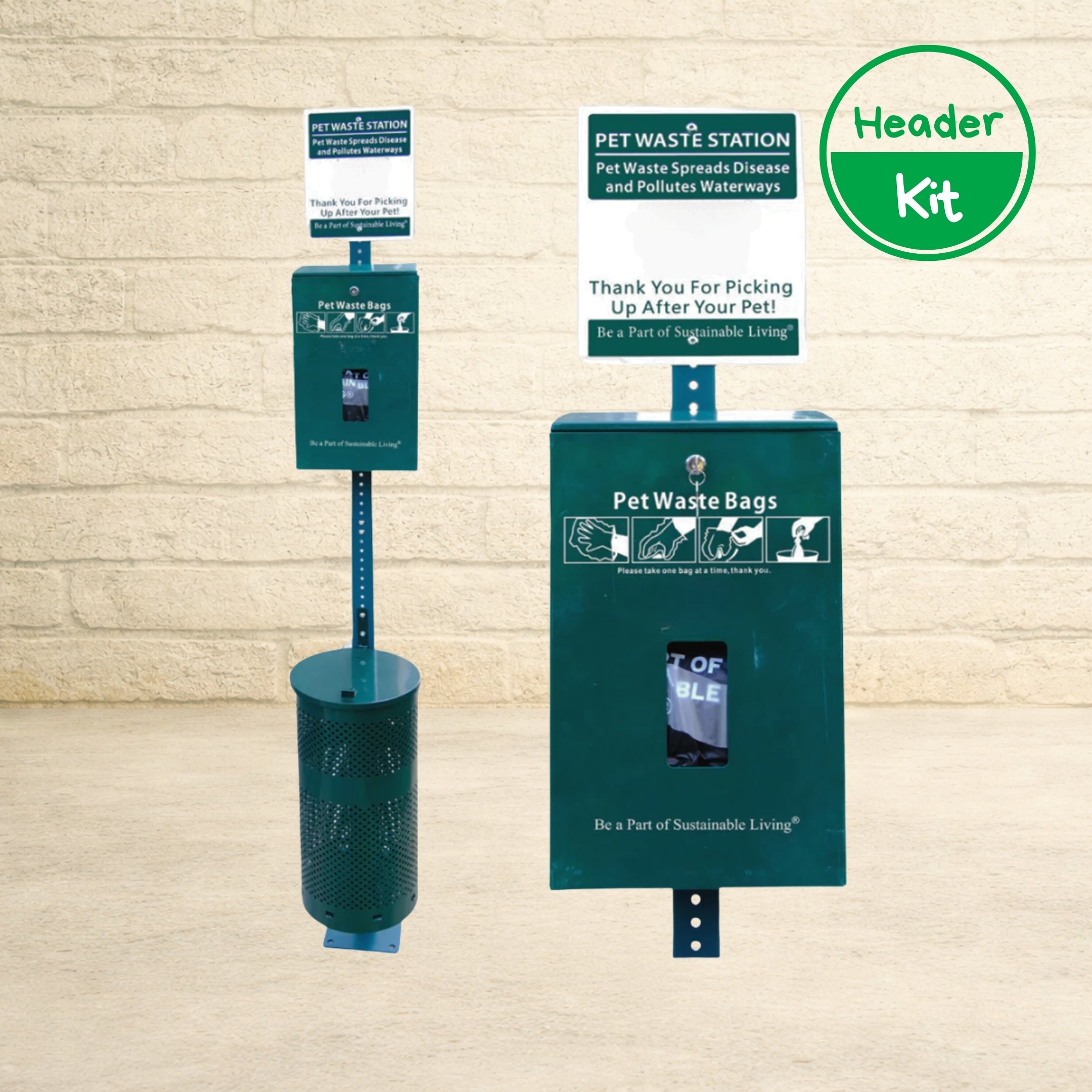 Dog poop bag station with teal metal dispensers and informational signage promoting sustainable pet waste cleanup.
