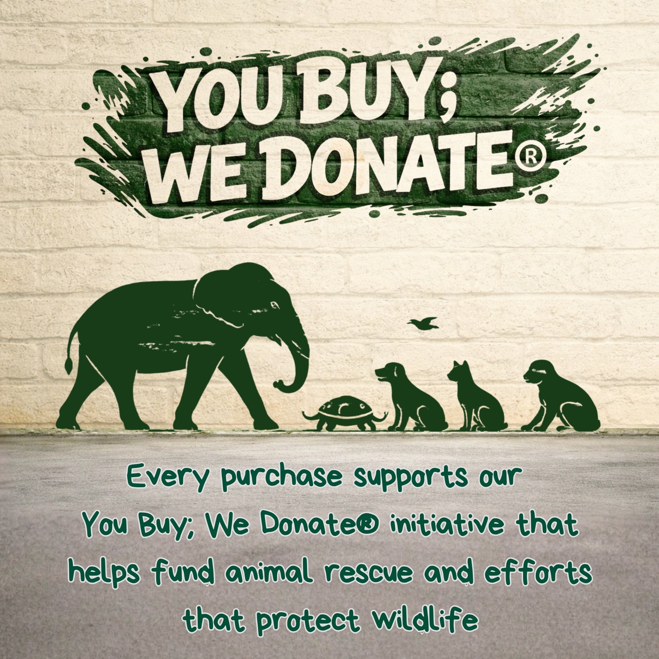 The Original Poop Bags You Buy We Donate initiative mural with green animal silhouettes on a white brick wall funding animal rescue and wildlife protection.