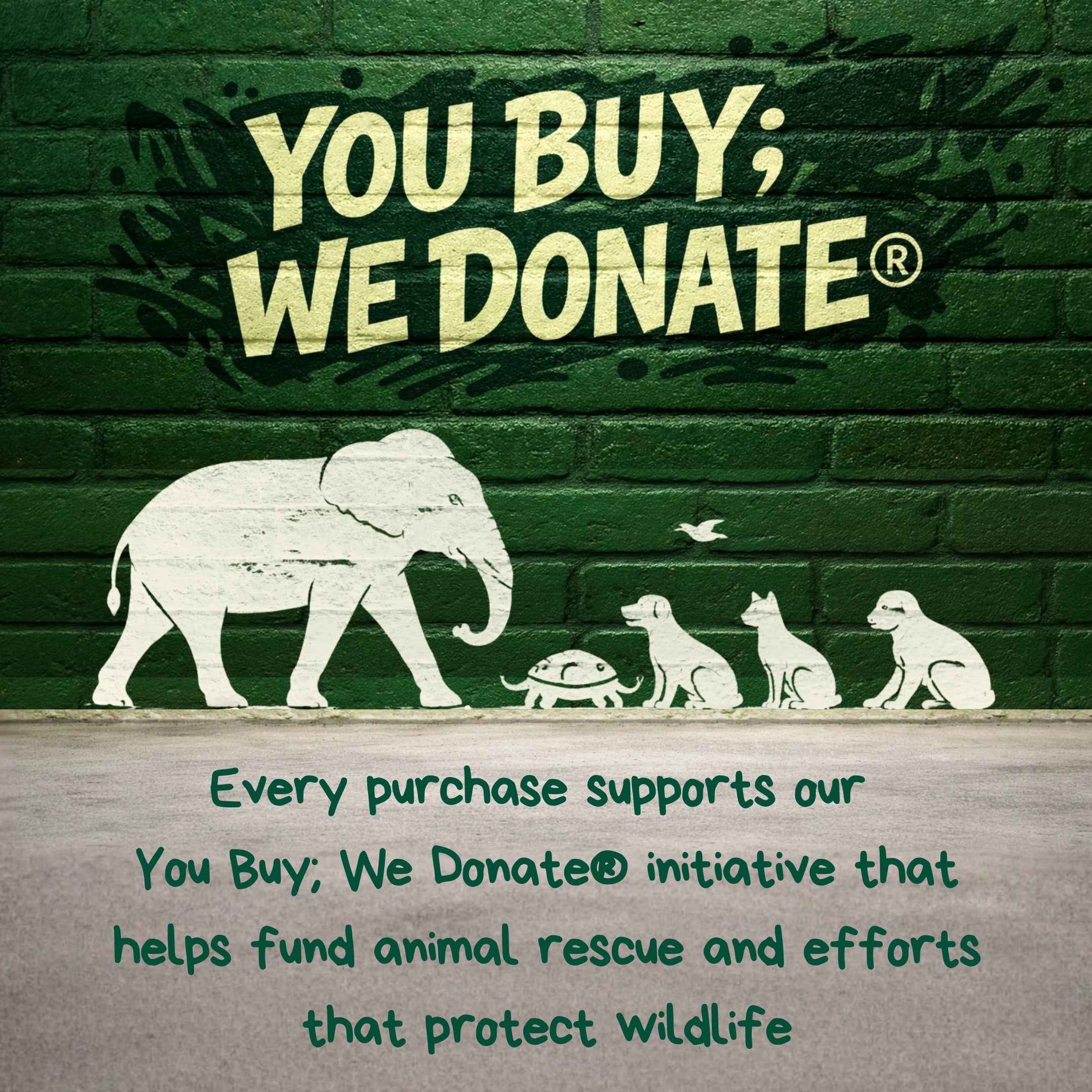 The Original Poop Bags You Buy We Donate initiative banner with animal silhouettes on a green brick wall supporting animal rescue and wildlife protection.