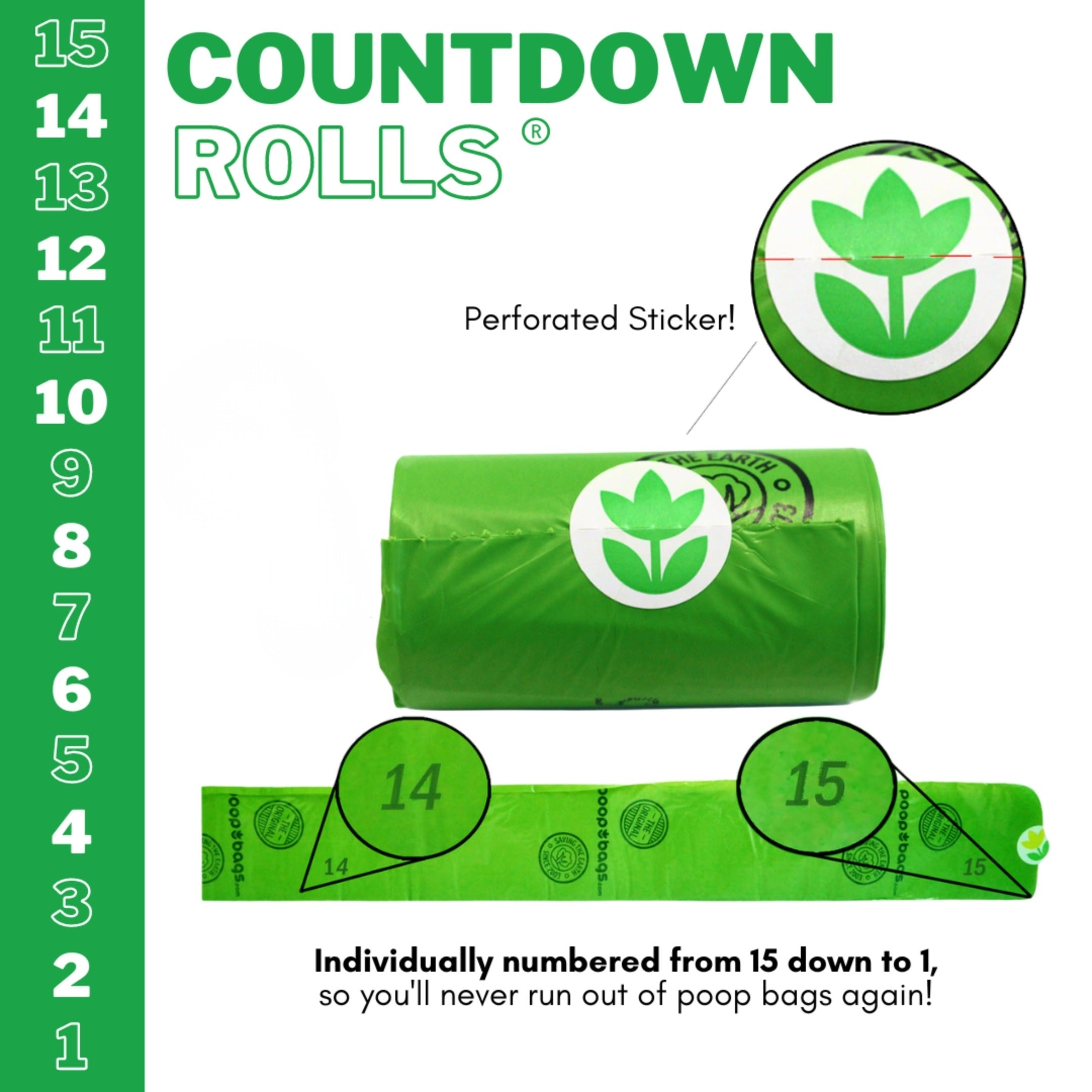 The Original Poop Bags green Countdown Rolls dog poop bag roll numbered 15 down to 1 with a perforated sticker seal.