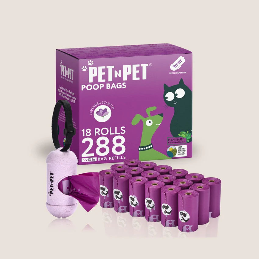 PET N PET lavender-scented dog poop bags with 18 purple rolls, 288 refills, and a matching bone-shaped dispenser.