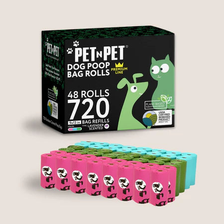 Box of Pet n Pet dog poop bag rolls with multiple rolls displayed in front.