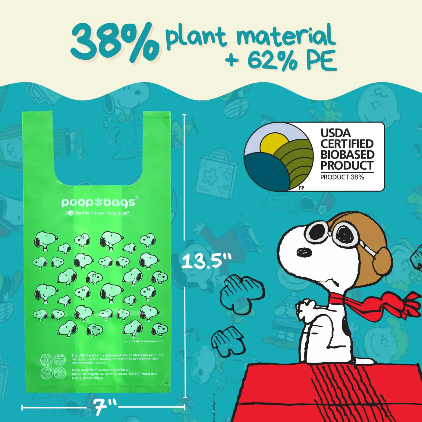 Eco friendly dog poop bags size graphic shows a green handle bag marked 7 inches by 13.5 inches beside Snoopy.