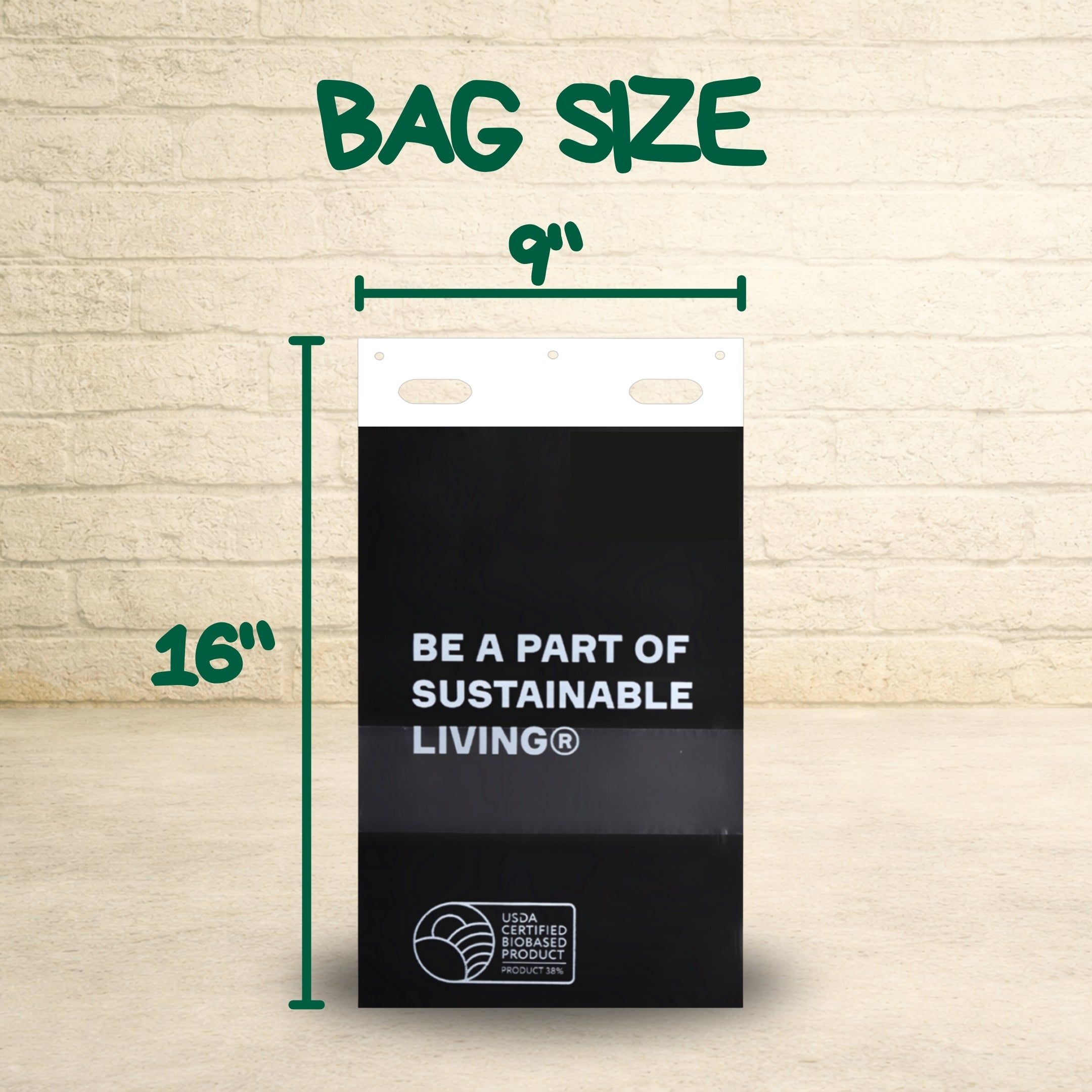 Sustainable dog poop bags measuring 9 inches wide by 16 inches tall with USDA Certified Biobased label.
