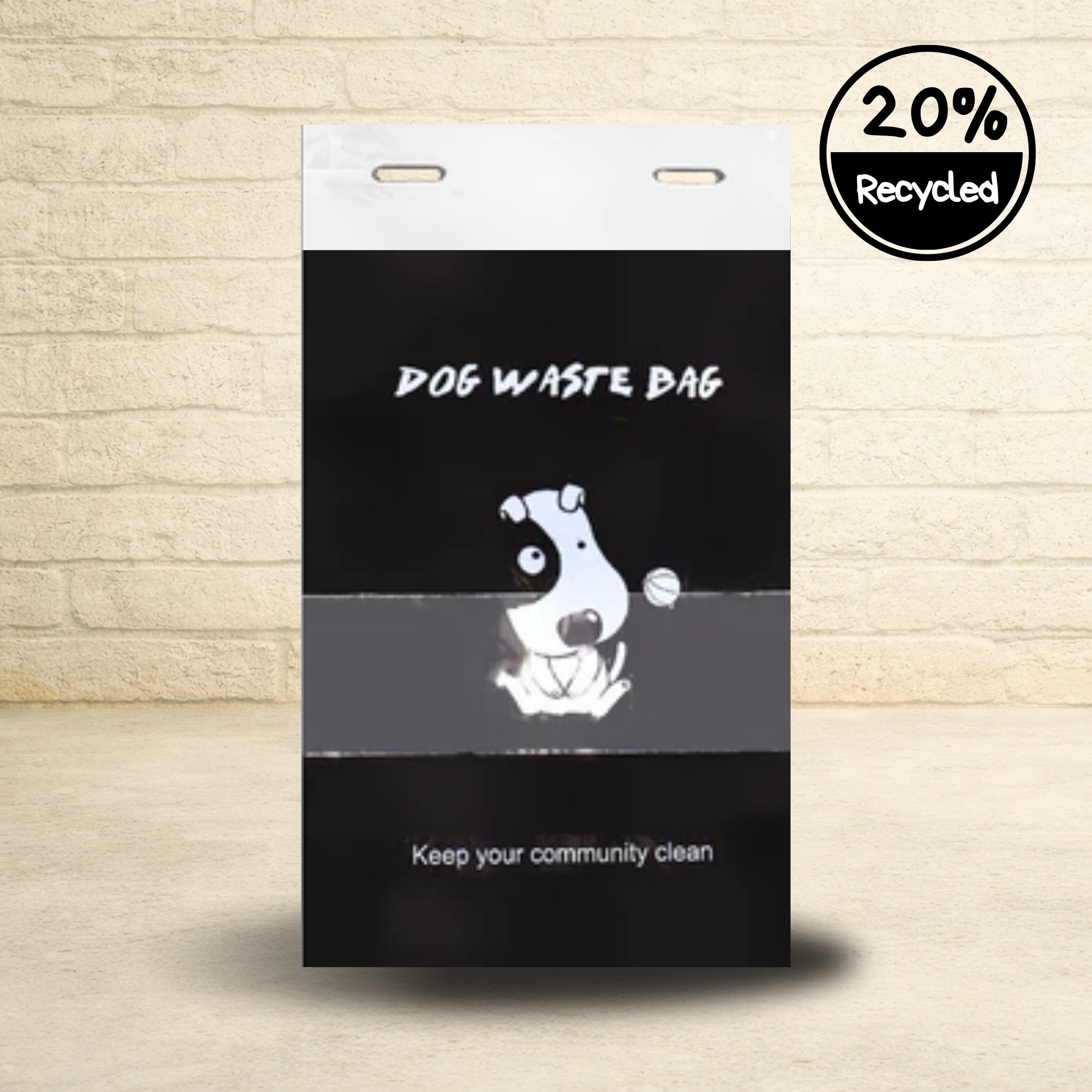 Dog poop disposal bags made with 20% recycled material featuring cartoon dog design and community clean message.