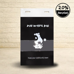 Dog poop disposal bags made with 20% recycled material featuring cartoon dog design and community clean message.