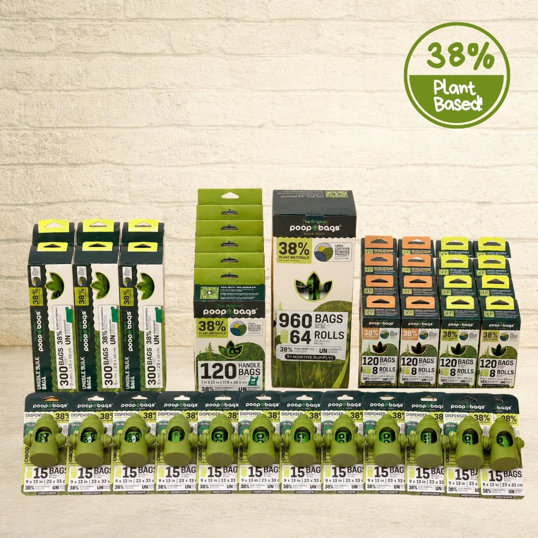 Retail assortment of eco friendly dog poop bags with leash roll bags, handle-tie bags, bulk packs, and dispensers.