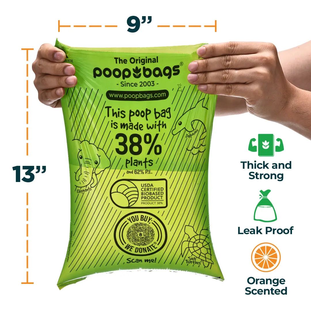 Hands stretch a 9 by 13 inch orange scented poop bag labeled thick, leak proof, 38% plants.