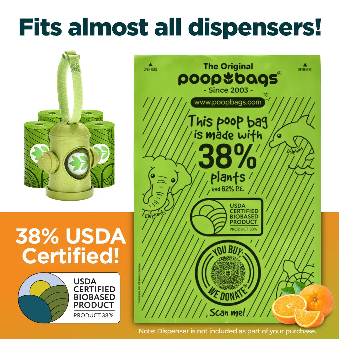 Green dog poop bag dispenser holding refill rolls beside a 38% plant-based, USDA Certified Biobased orange-scented bag.