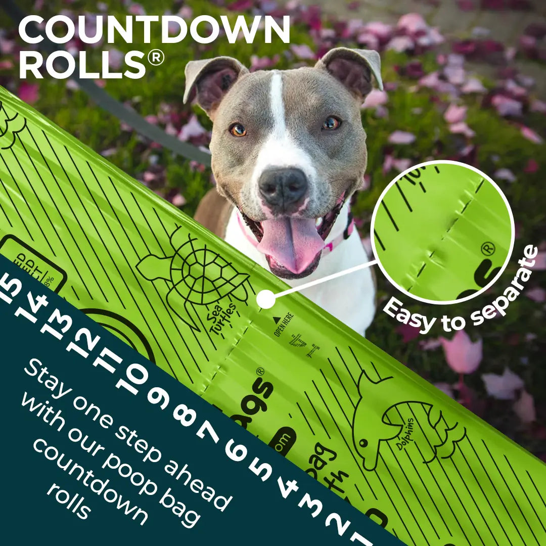 Countdown Rolls poop bags numbered 1 to 15 with easy-separate perforation and smiling dog.
