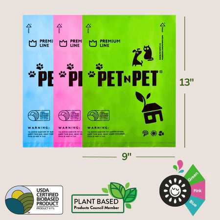Premium line dog poop bags in blue, pink, and green packaging displaying 13-inch height and 9-inch width with USDA organic and plant-based certifications.