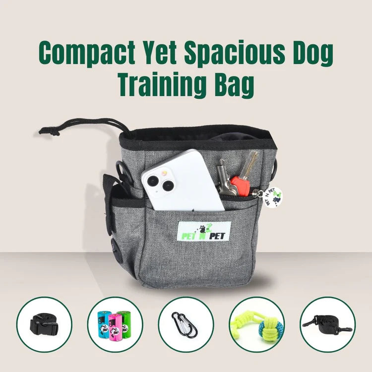 Dog training bag in gray with multiple compartments, phone pocket, and included accessories for carrying treats and supplies