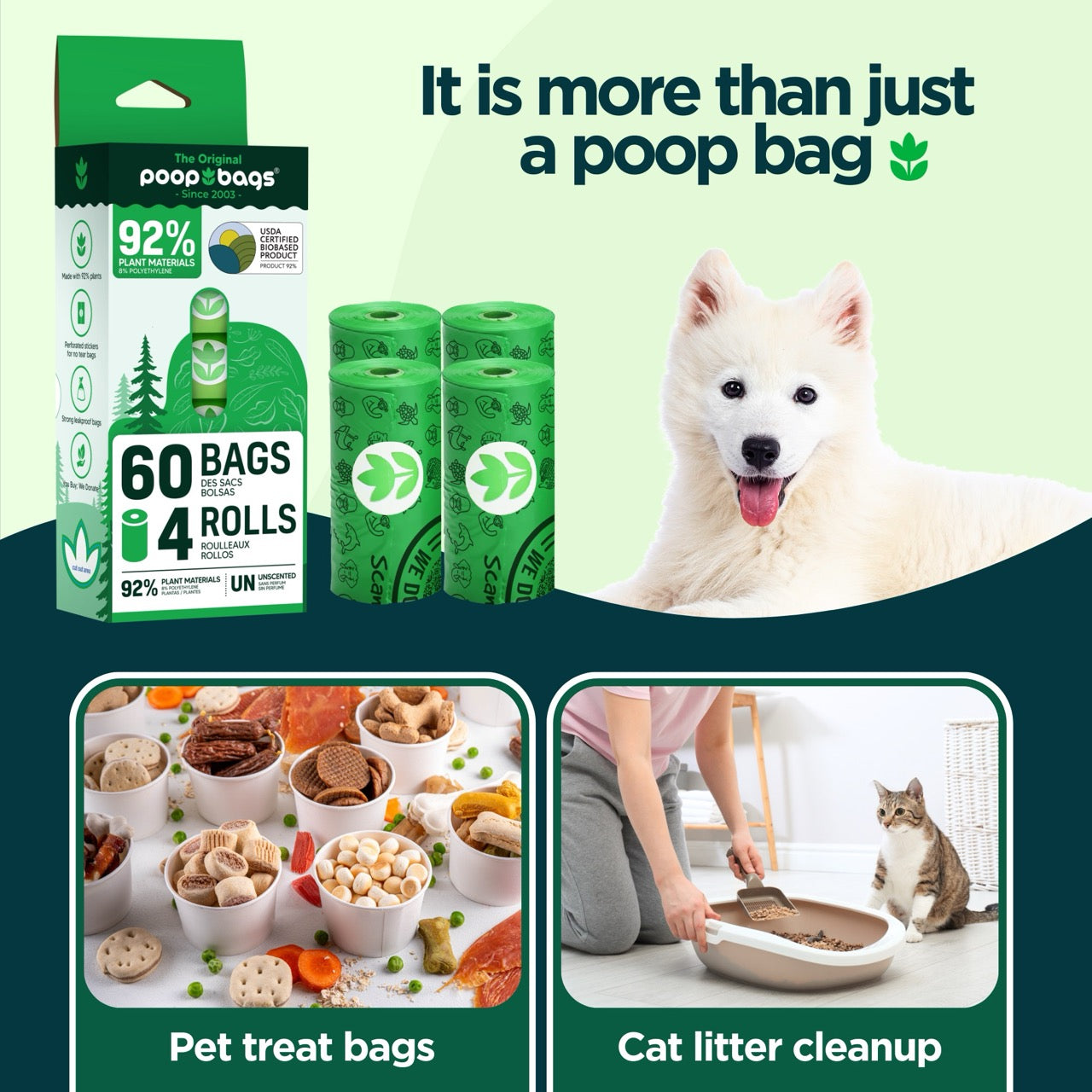 Dog poop bag rolls packaged in eco-friendly box with smiling dog, featuring 60 bags, 4 rolls, and 92% plant-based materials