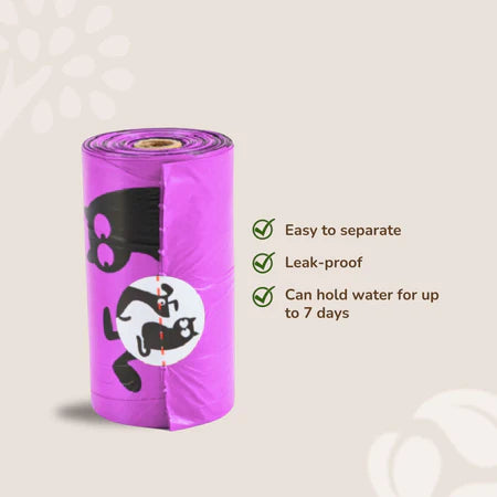 Close-up of a purple PET N PET poop bag roll highlighting leak-proof, easy-to-separate design that holds water for up to seven days.