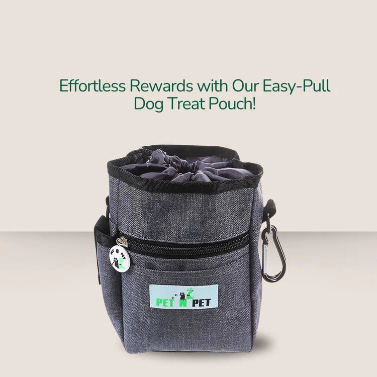 Dog treat bag in gray with interchangeable shoulder strap, waist strap, and metal belt clip for multiple carrying options while training