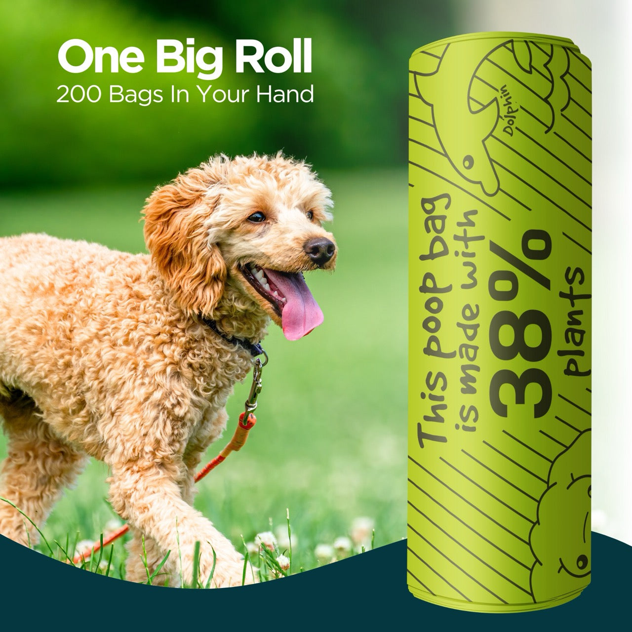 Bulk roll of 200 plant-based dog poop bags beside a curly golden doodle on grass.