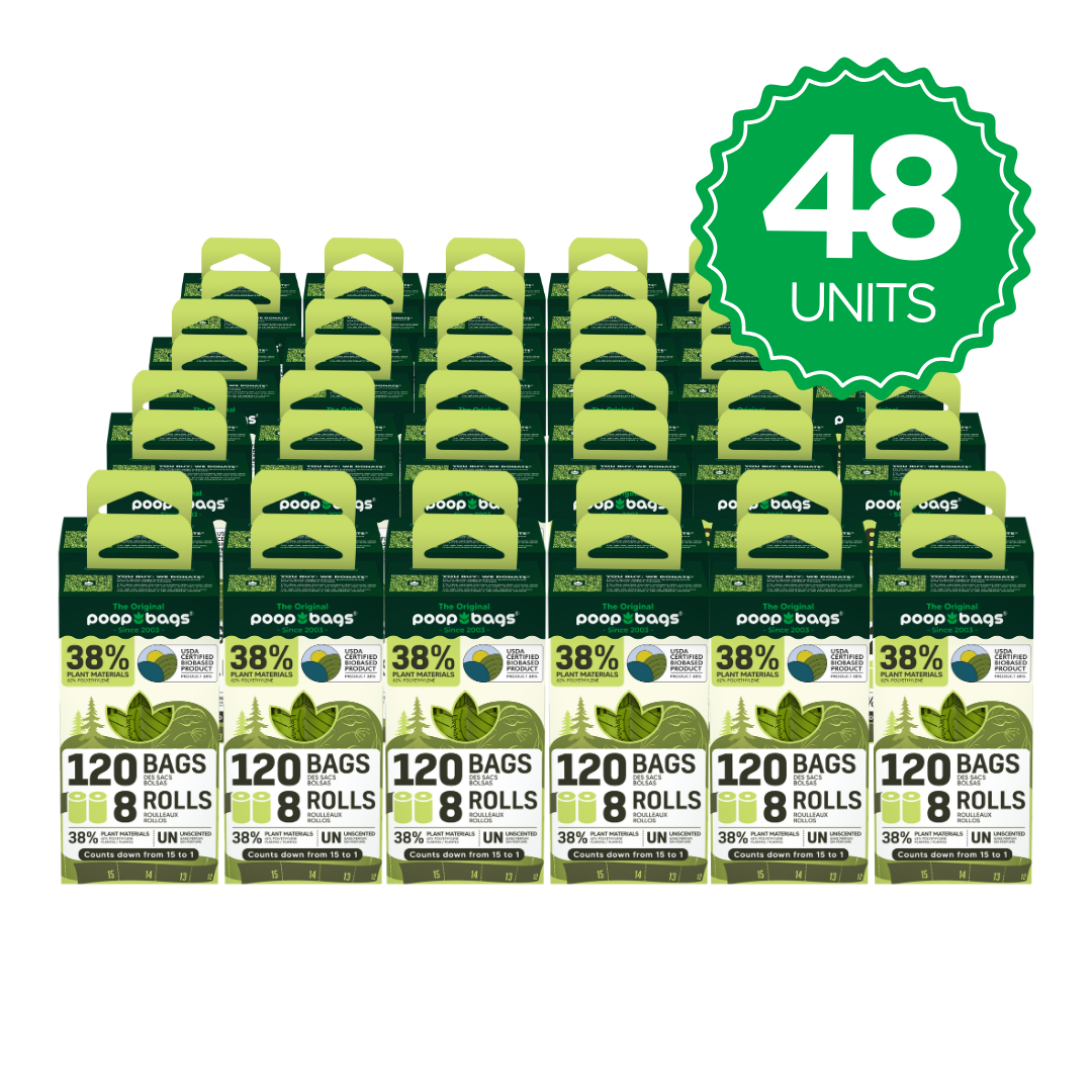 Wholesale 48-pack of Countdown Rolls unscented dog poop bag boxes, 120 bags and 8 rolls each.