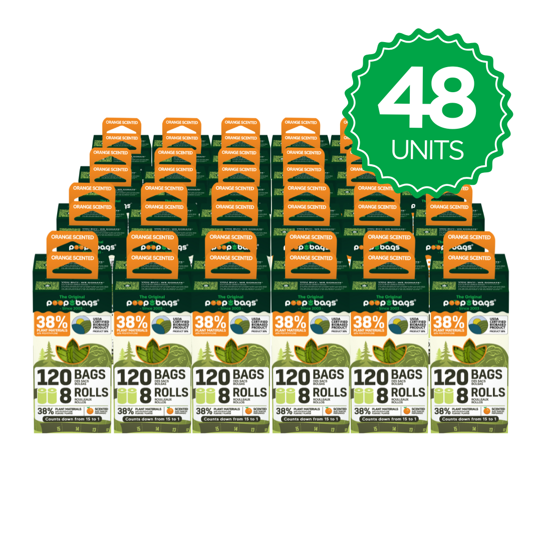Forty-eight boxes of orange scented dog poop bags, each with 120 bags on 8 countdown rolls made with 38% plant materials.