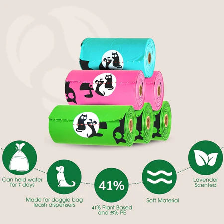 Compostable dog poop bag rolls in turquoise, pink, and green stacked display showing 41% plant-based composition, lavender scent, and eco-friendly benefits.