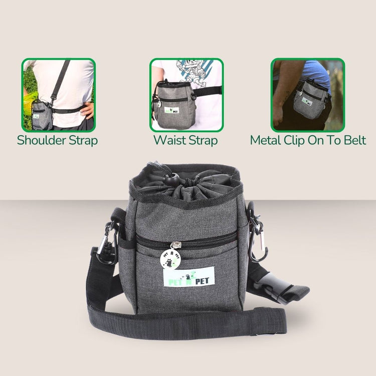 Dog treat pouch in gray with shoulder strap, waist strap, and metal belt clip attachment options for carrying pet treats while walking