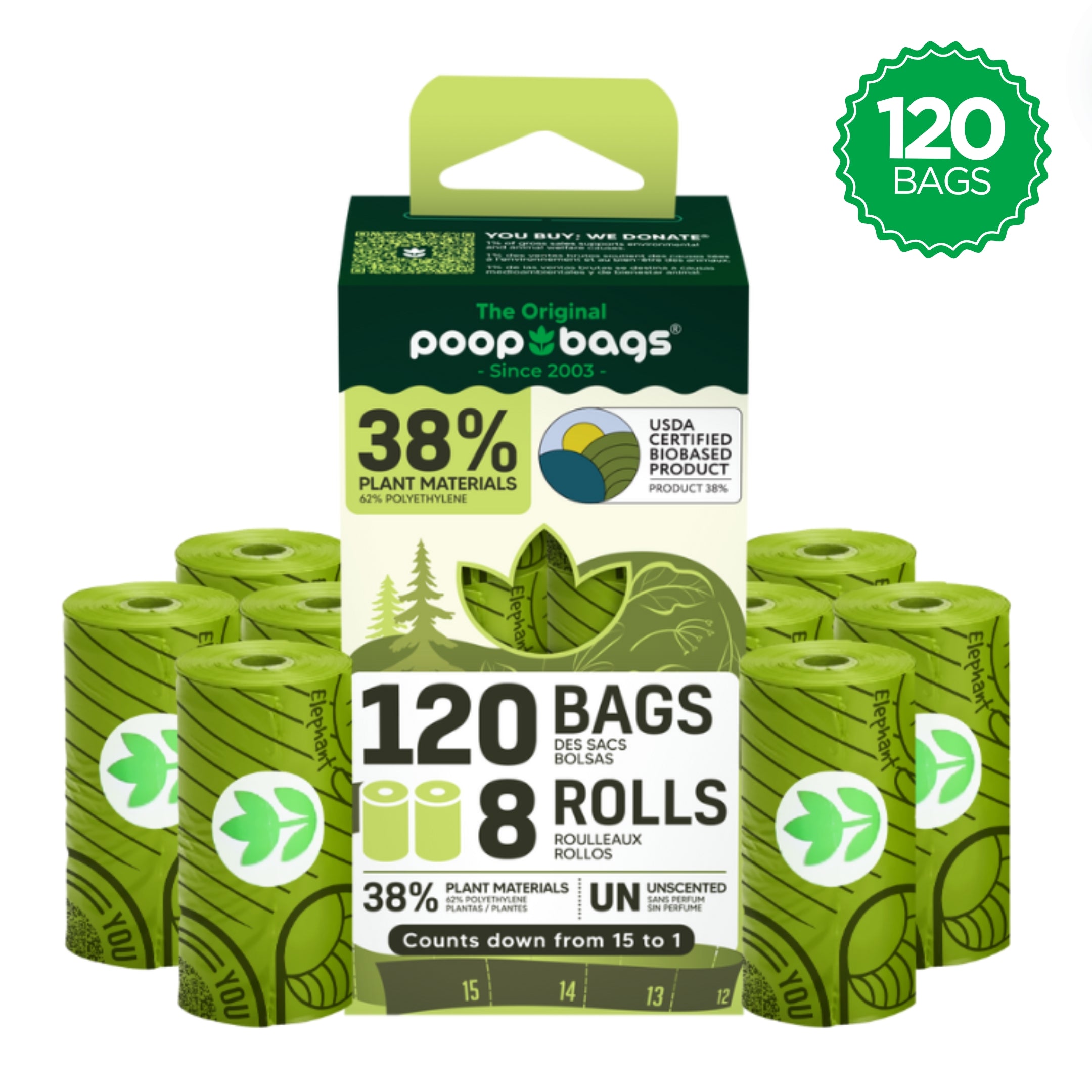PoopBags brand biodegradable poop bags - 120 bags in 8 rolls made with 38% plant materials