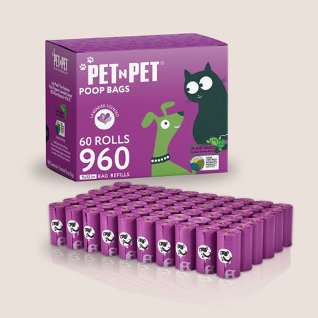 PET N PET purple dog poop bags box with 60 rolls and 960 lavender-scented refill bags displayed in front of the packaging.