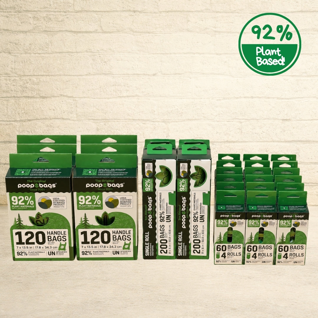 Product lineup of environmentally friendly dog poop bags featuring 92% plant-based handle-tie bags, roll bags, and refill packs.
