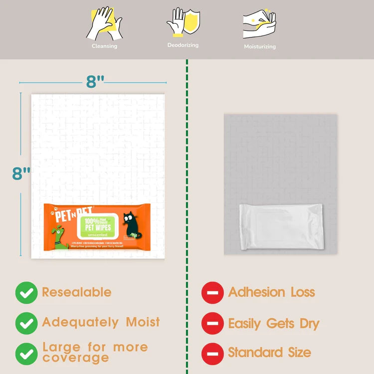 Pet wipes for dogs in an 8x8-inch resealable pack showing cleansing, deodorizing, and moisturizing benefits versus standard alternatives