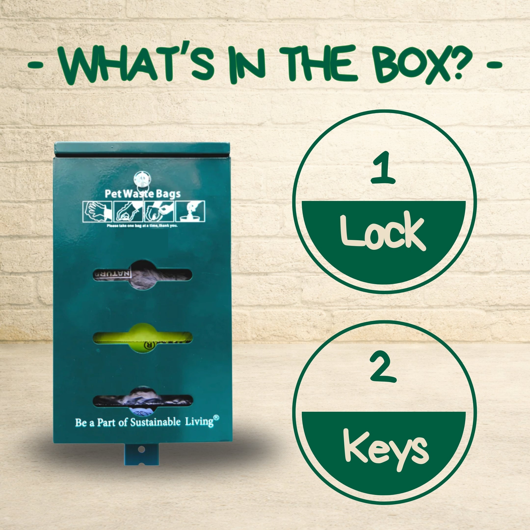 The Original Poop Bags teal pet waste bag dispenser with one lock and two keys included, labeled Be a Part of Sustainable Living.