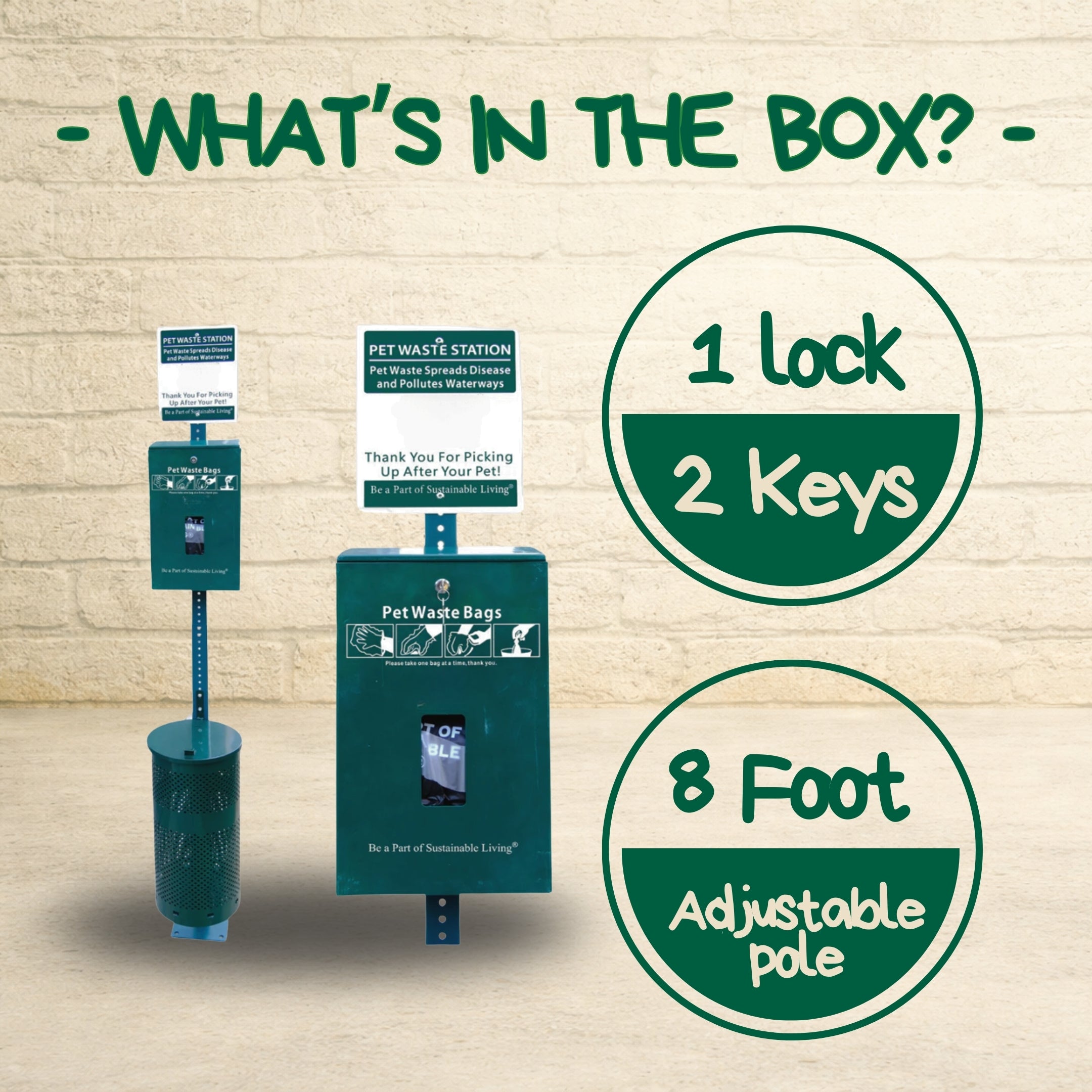The Original Poop Bags commercial pet waste station components including signage, bag dispenser, trash can, lock, two keys, and eight-foot adjustable pole.