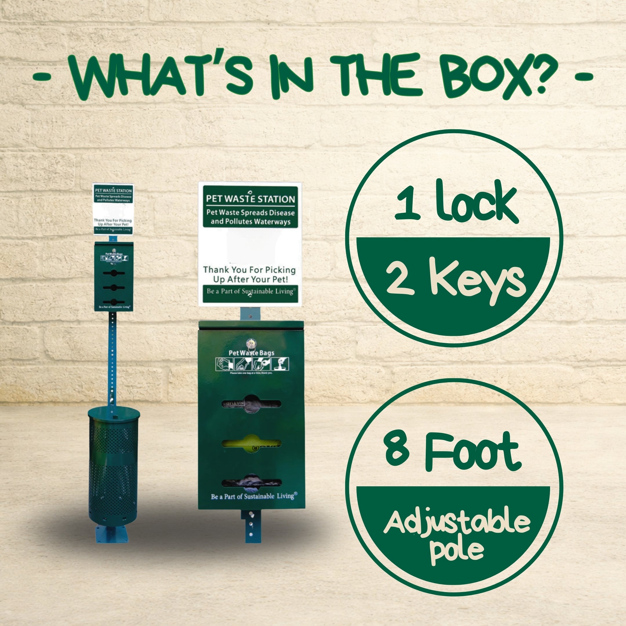 The Original Poop Bags pet waste station with green dispenser, trash can, signage, lock, two keys, and eight-foot adjustable pole.