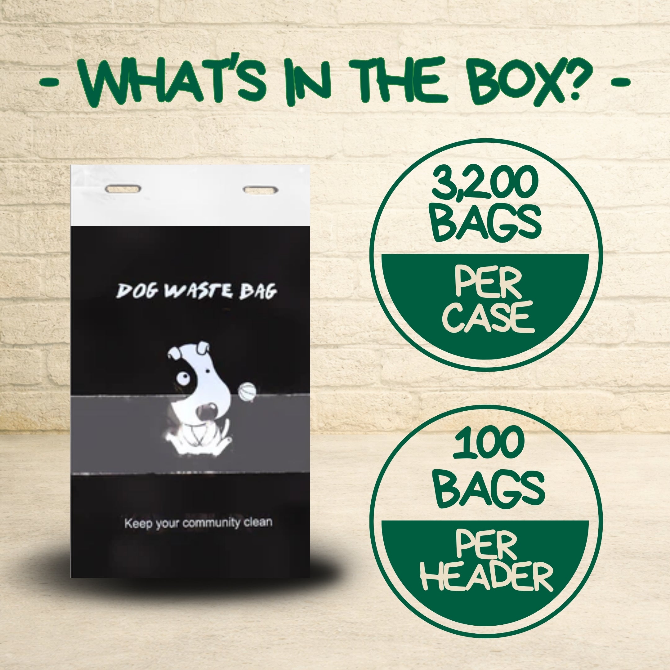Bulk poop bags for dogs with 3,200 bags per case and 100 bags per header for convenient large-scale pet waste disposal