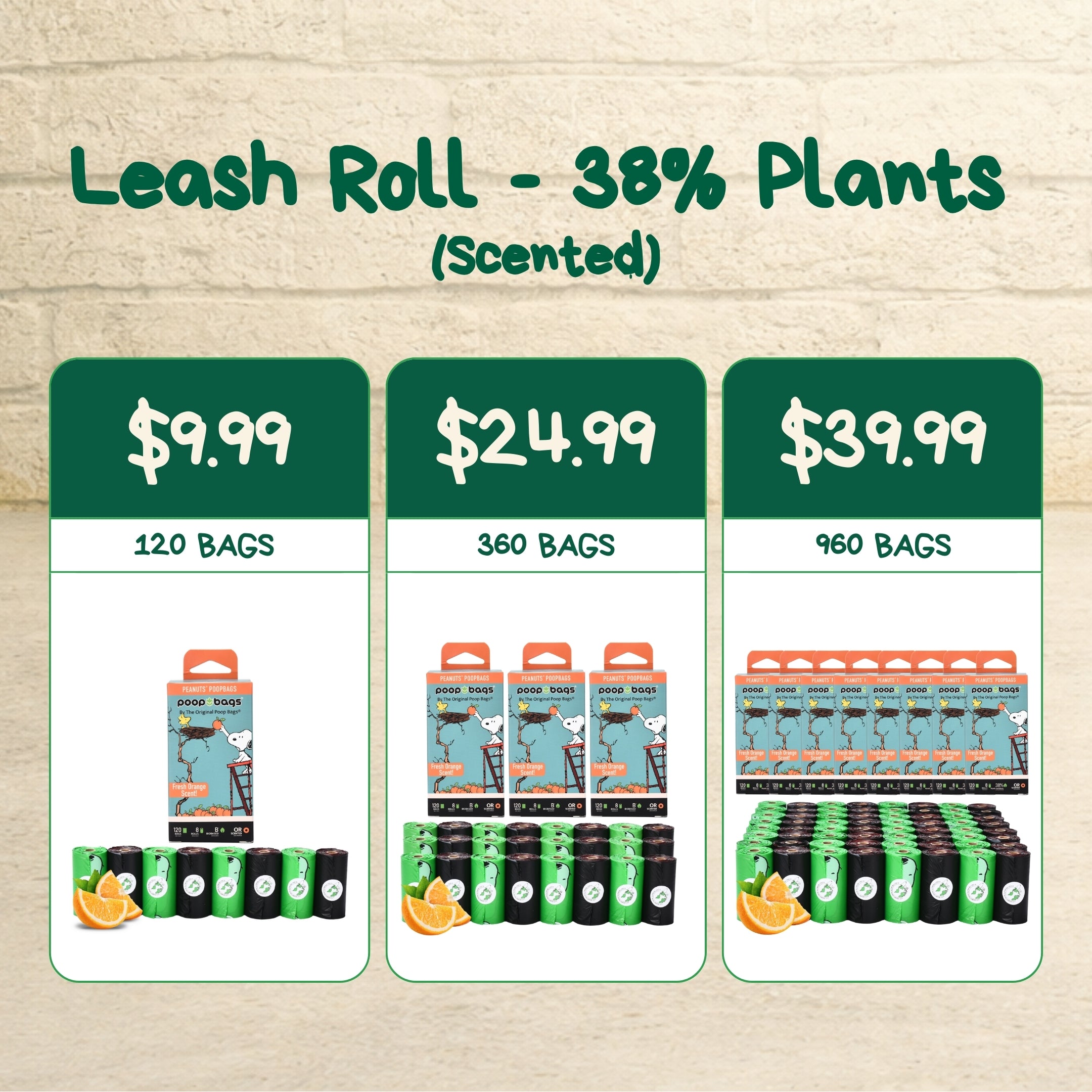 Pricing chart for The Original Poop Bags scented leash rolls in 38 percent plant-based material showing 120, 360, and 960 bag bundle options.