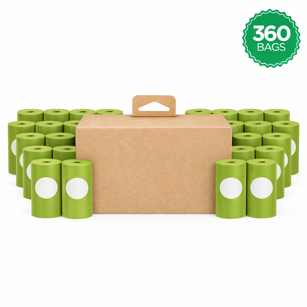 Brown cardboard carrier box surrounded by green dog poop bag rolls totaling 360 bags on a white background.