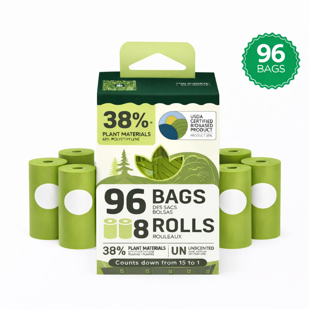 The Original Poop Bags 38% plant-based 96-count 8-roll unscented USDA certified box with green rolls on white background.