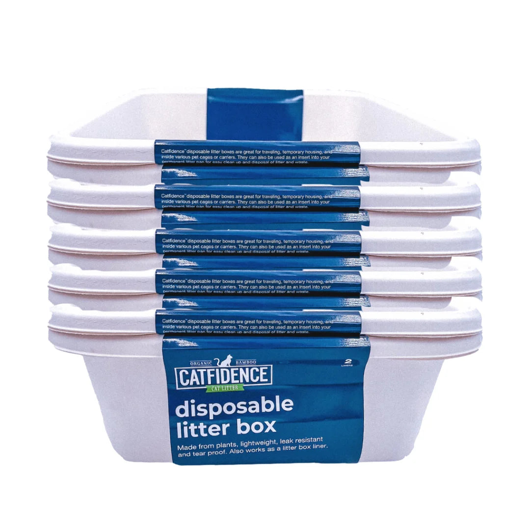 Catfidence organic bamboo disposable cat litter boxes stacked five high with blue labels on white background.