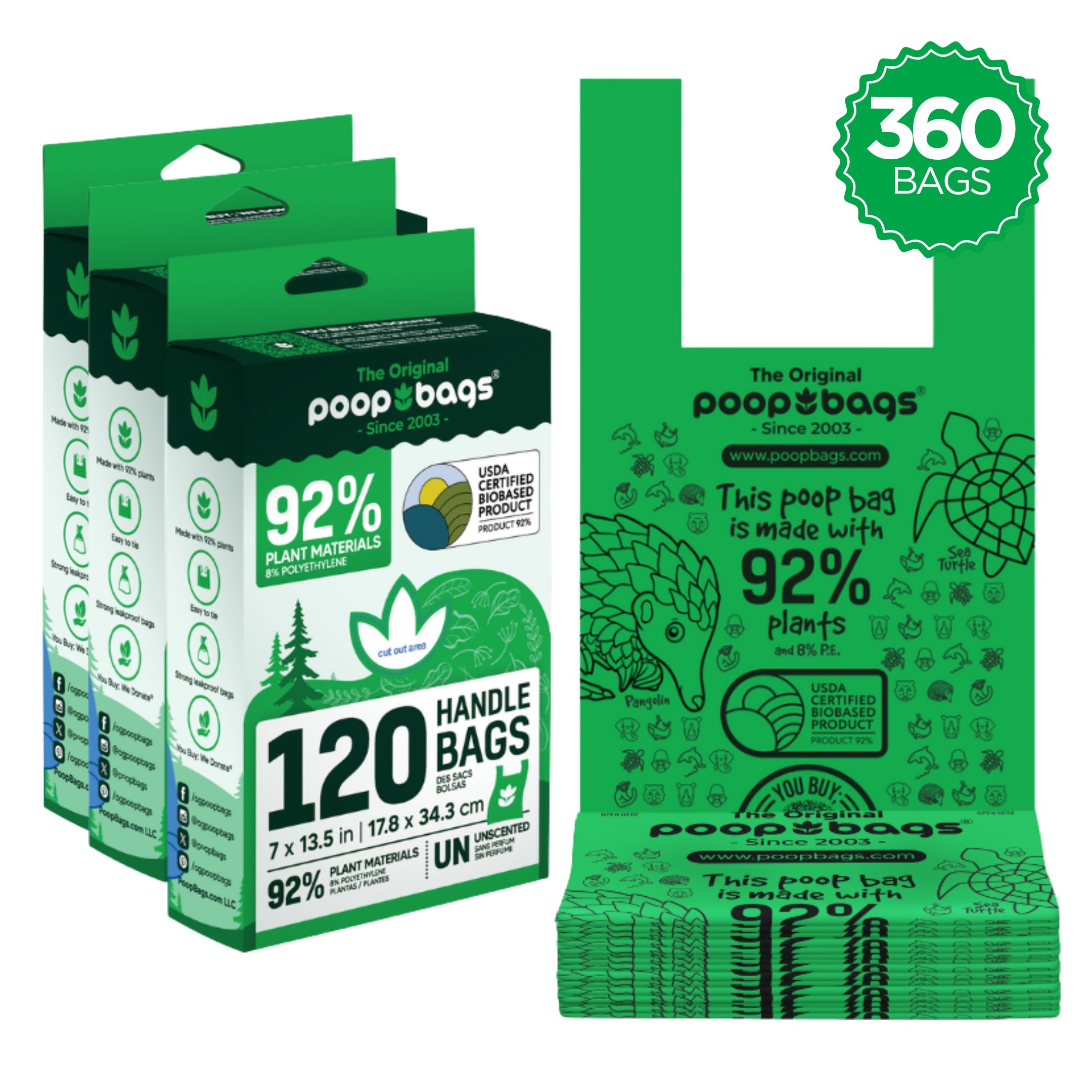Green eco-friendly dog poop bags made with 92% plant materials, showing 360 bags total in packaging