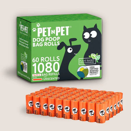 Pet n Pet Dog Poop Bag Rolls packaging featuring 60 rolls with 1,080 unscented 9x13 inch bags, plant-based & USDA Certified Biobased label, displayed with orange refill rolls neatly lined up in front