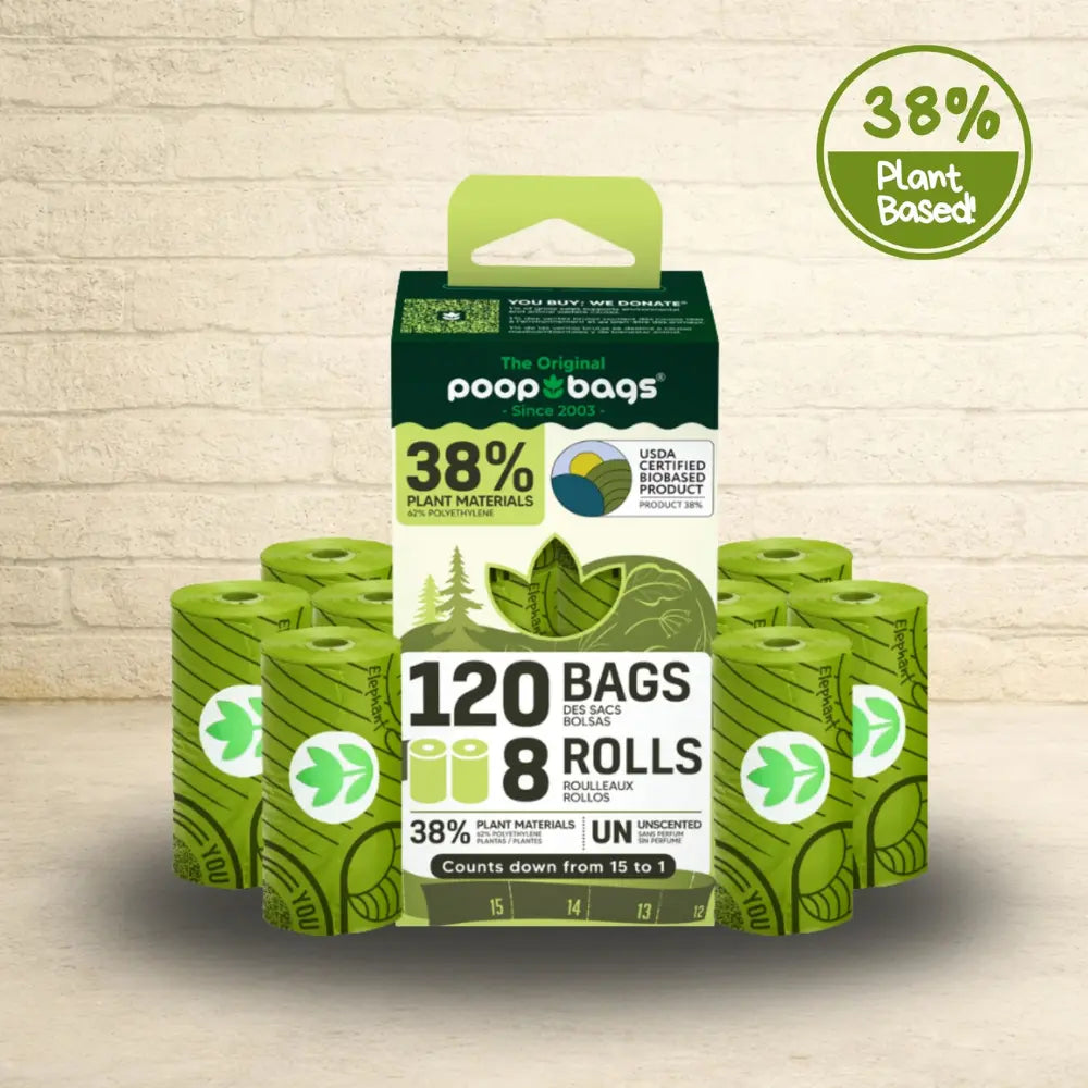 The Original Poop Bags 120-count box with eight green countdown rolls of 38% plant-based dog poop bags, unscented.