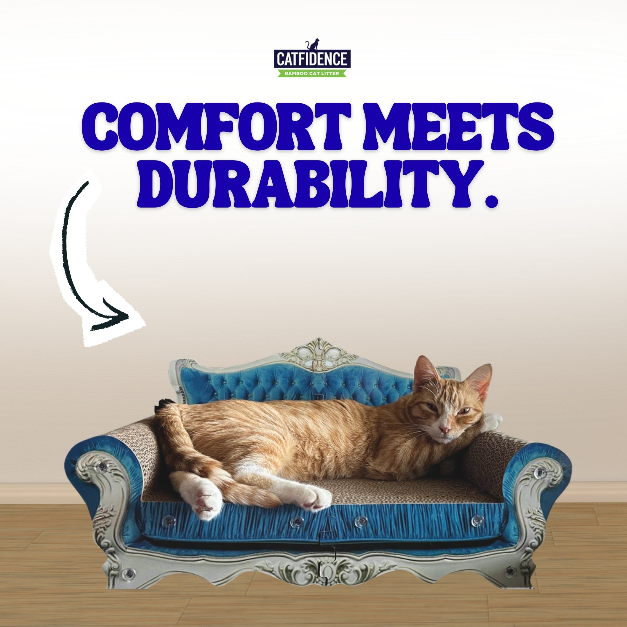 Orange tabby cat lounging on blue Catfidence cat scratcher couch with ornate silver legs and woven sisal scratching surface