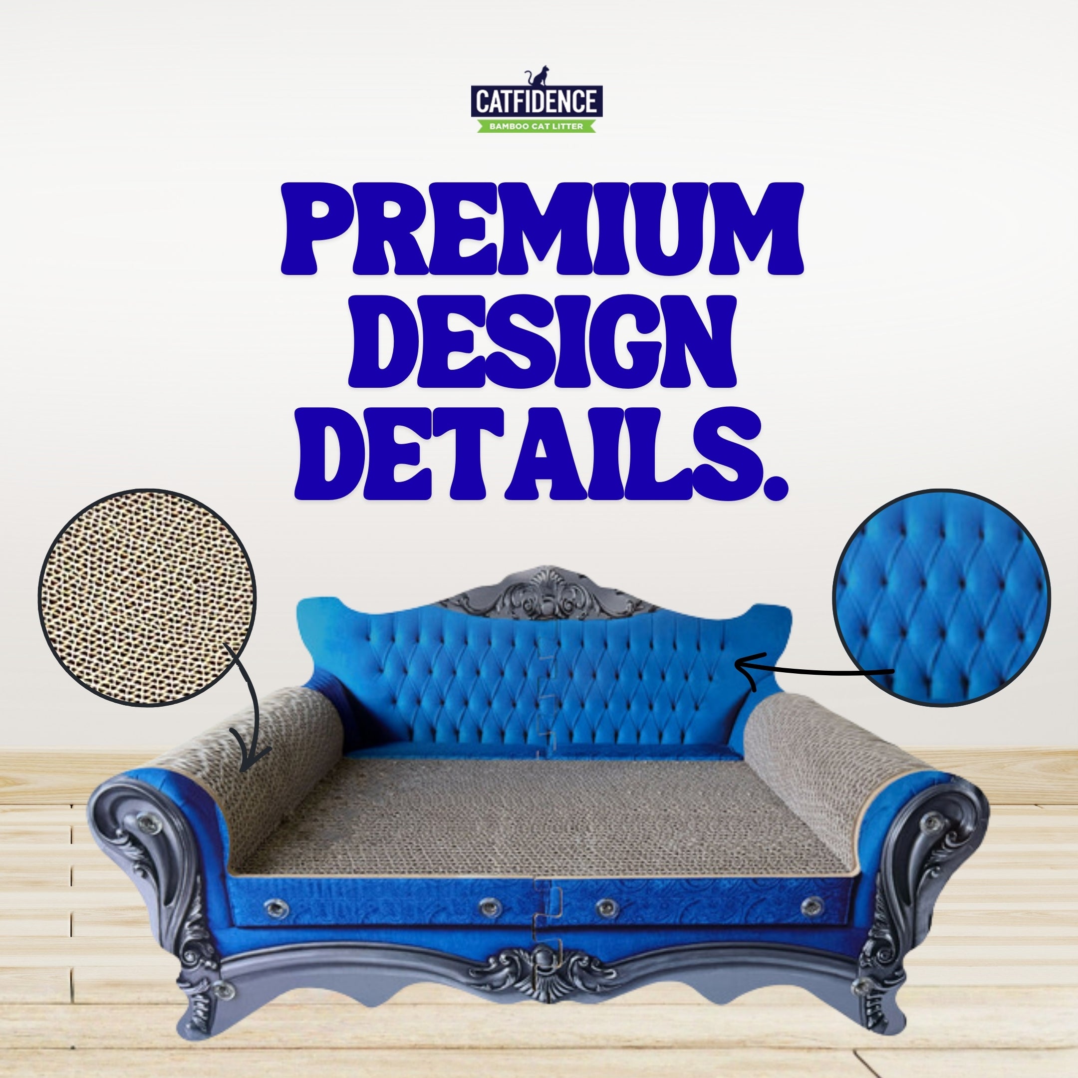 Cat scratcher couch with premium design details showing a blue upholstered frame, ornate legs, woven scratching surface, and tufted back