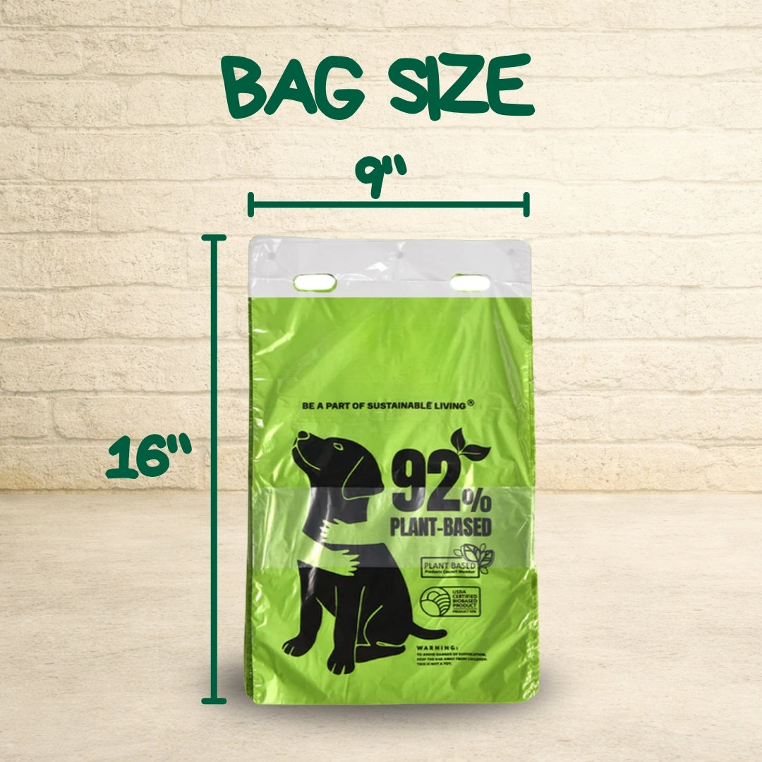 Size diagram of a green 9 by 16 inch 92% plant-based large dog poop bag with handles and a black dog graphic.