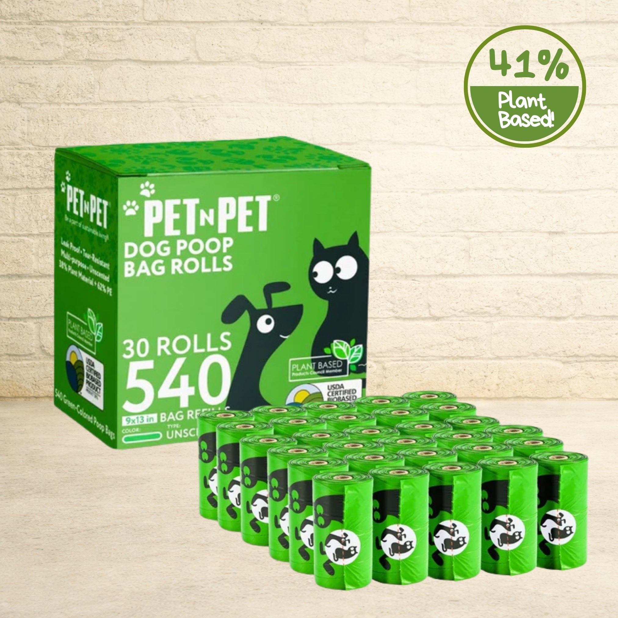 PET N PET 41% plant-based unscented green 540-count 30-roll dog poop bag box with green printed rolls.
