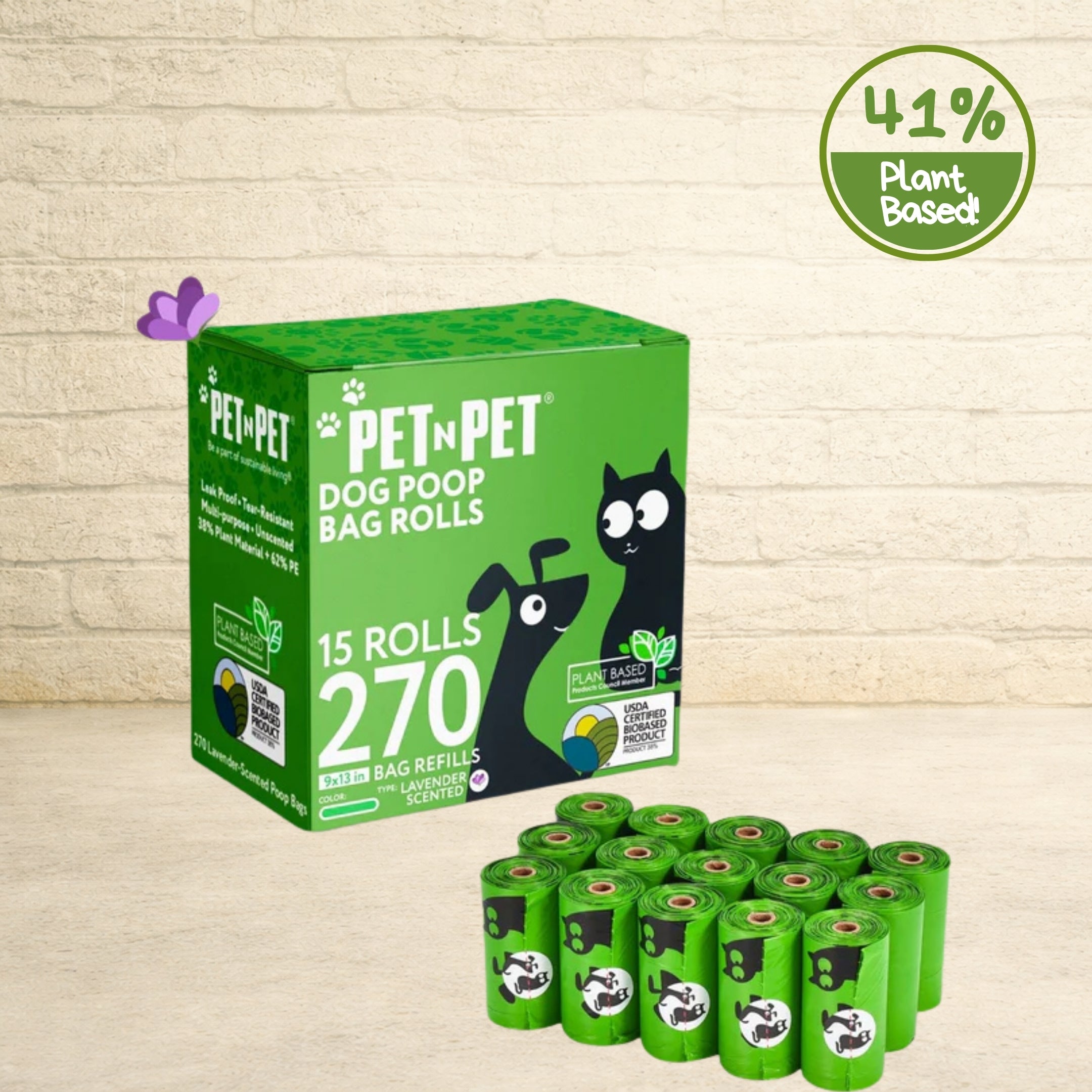 PET N PET 41% plant-based lavender scented green 270-count 15-roll dog poop bag box with green rolls displayed.