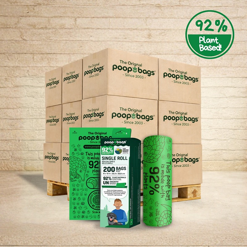The Original Poop Bags 92% plant-based wholesale pallet with 200-count single roll retail box and large green bag roll.